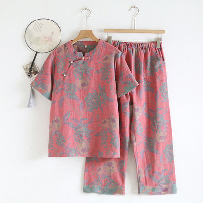 Retro-Loungewear-Set mit kurzen Ärmeln aus garngefärbter Baumwolle