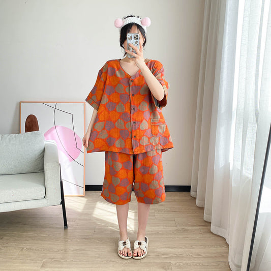 Loungewear-Set mit kurzen Ärmeln und Vintage-Jacquardmuster in Übergröße