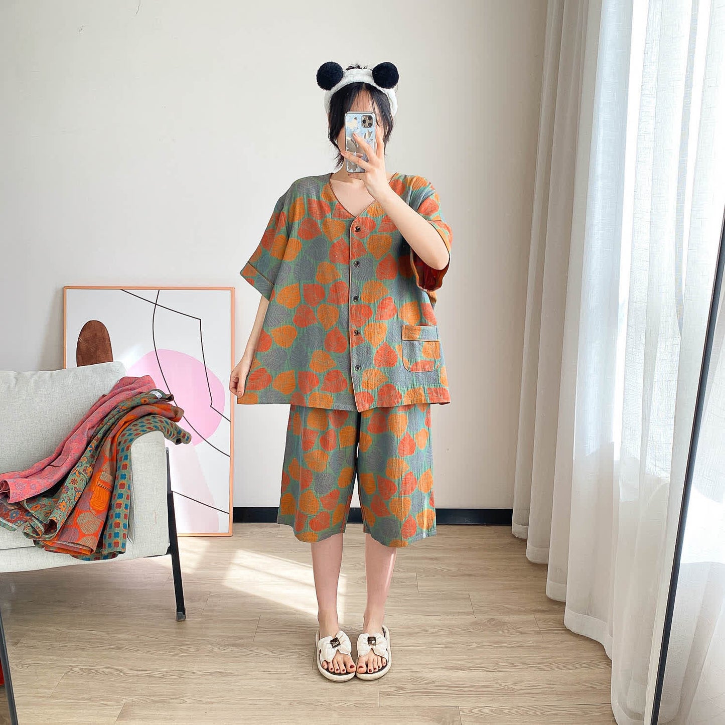 Loungewear-Set mit kurzen Ärmeln und Vintage-Jacquardmuster in Übergröße