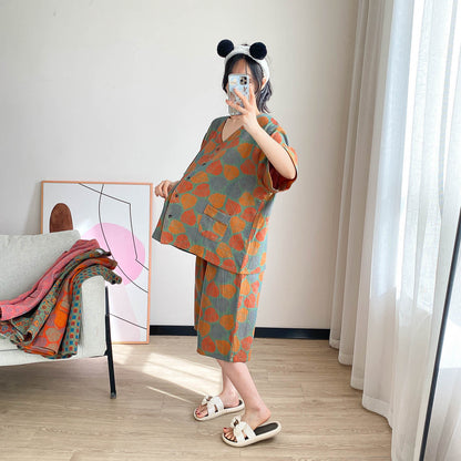 Loungewear-Set mit kurzen Ärmeln und Vintage-Jacquardmuster in Übergröße
