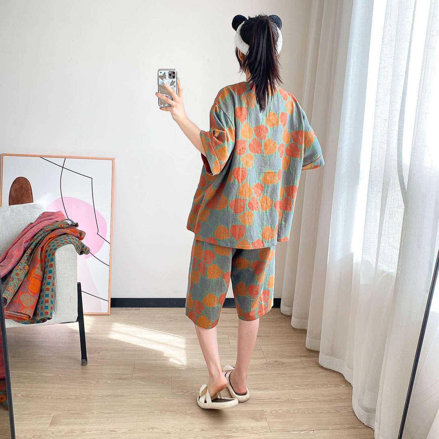 Loungewear-Set mit kurzen Ärmeln und Vintage-Jacquardmuster in Übergröße