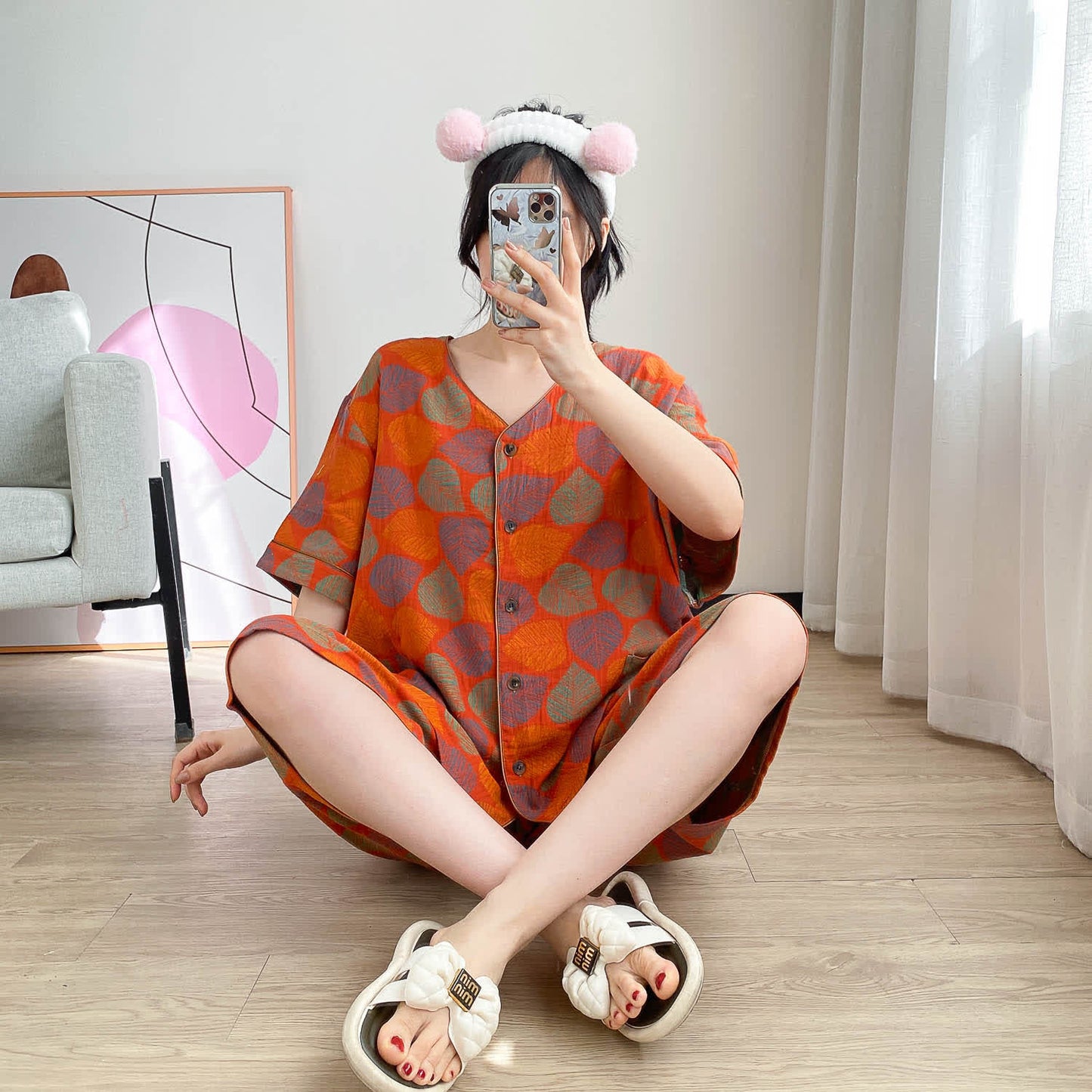 Loungewear-Set mit kurzen Ärmeln und Vintage-Jacquardmuster in Übergröße