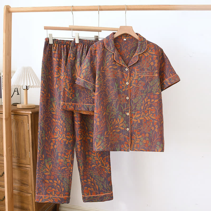 Kurzärmeliges Loungewear-Set aus garngefärbter Baumwolle im Jacquard-Stil (3-teilig)