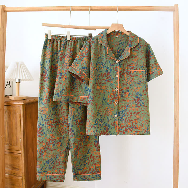 Kurzärmeliges Loungewear-Set aus garngefärbter Baumwolle im Jacquard-Stil (3-teilig)