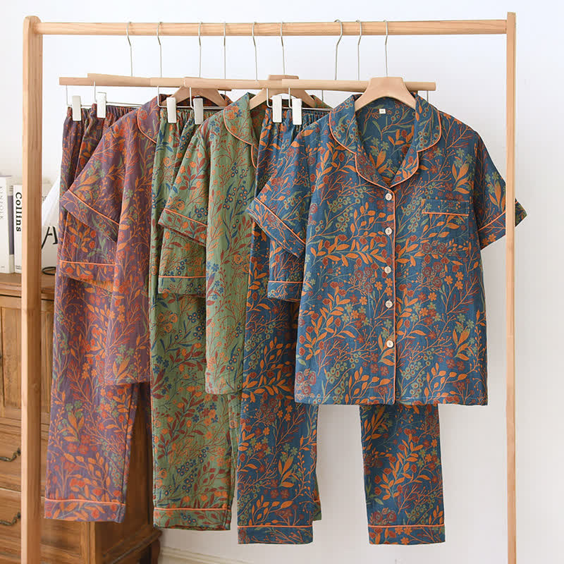 Kurzärmeliges Loungewear-Set aus garngefärbter Baumwolle im Jacquard-Stil (3-teilig)