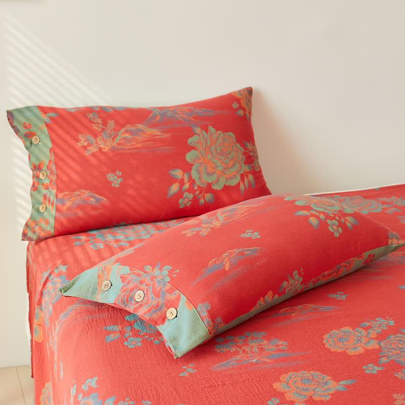 Wende-Bettdecke aus garngefärbtem Jacquard-Baumwollgaze in Pfingstrose