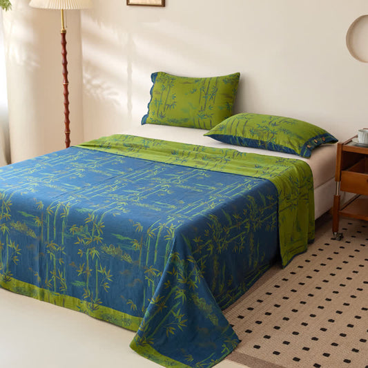 Wendebettdecke aus garngefärbter Baumwollgaze mit Bambusdruck - Blau - 2 Kissenbezüge - 48cm x 74cm - image 1