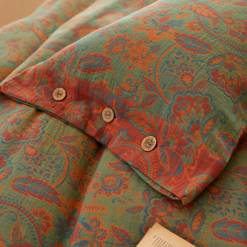 Wende-Bettdecke aus garngefärbter Baumwollgaze mit Retro-Blumenmuster