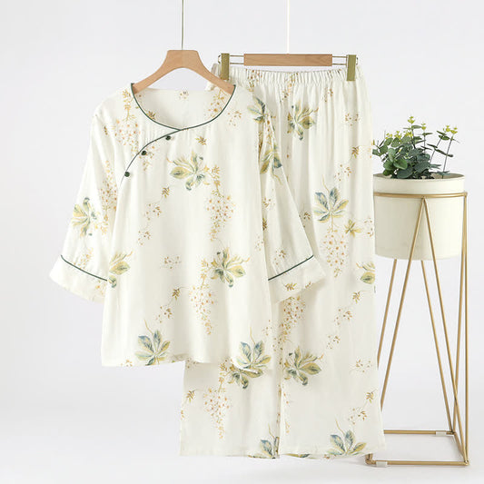 Pyjama-Set mit Rundhalsausschnitt und Blumenmuster aus Bambusfaser