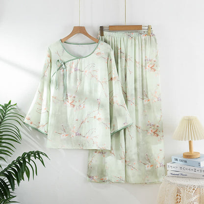 Pflaumenblüten-Pyjama-Set aus Bambusfaser