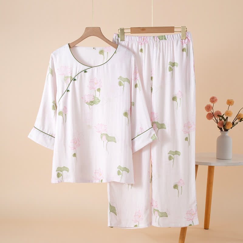 Rundhals-Pyjama-Set aus Bambusfaser mit Lotusmotiv