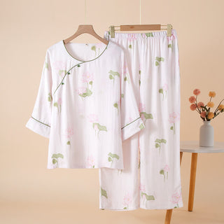 Rundhals-Pyjama-Set aus Bambusfaser mit Lotusmotiv