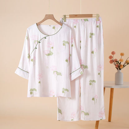 Rundhals-Pyjama-Set aus Bambusfaser mit Lotusmotiv