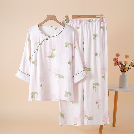 Rundhals-Pyjama-Set aus Bambusfaser mit Lotusmotiv