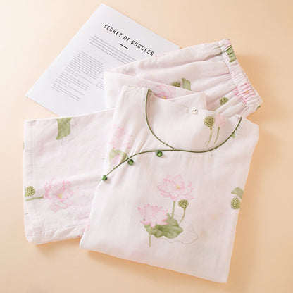 Rundhals-Pyjama-Set aus Bambusfaser mit Lotusmotiv