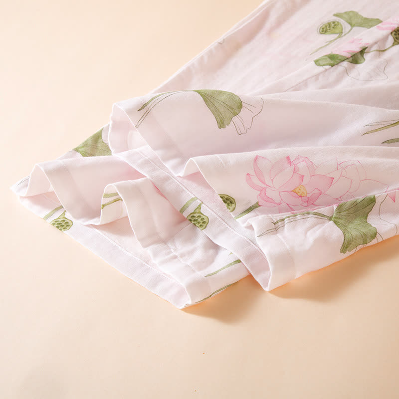 Rundhals-Pyjama-Set aus Bambusfaser mit Lotusmotiv