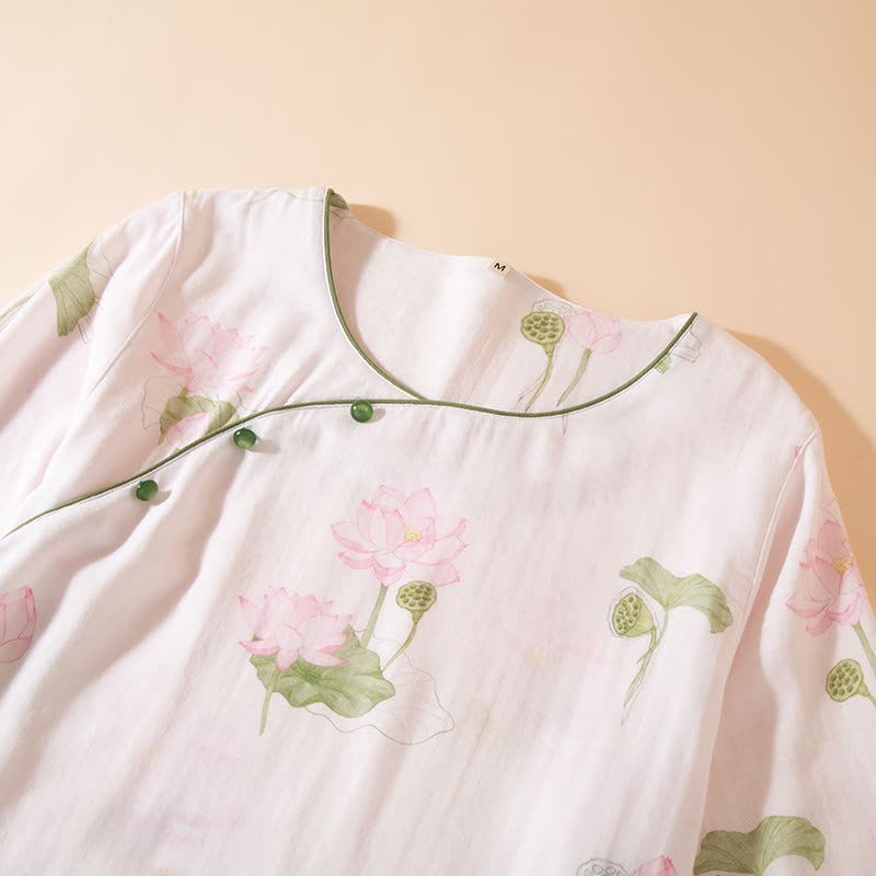 Rundhals-Pyjama-Set aus Bambusfaser mit Lotusmotiv