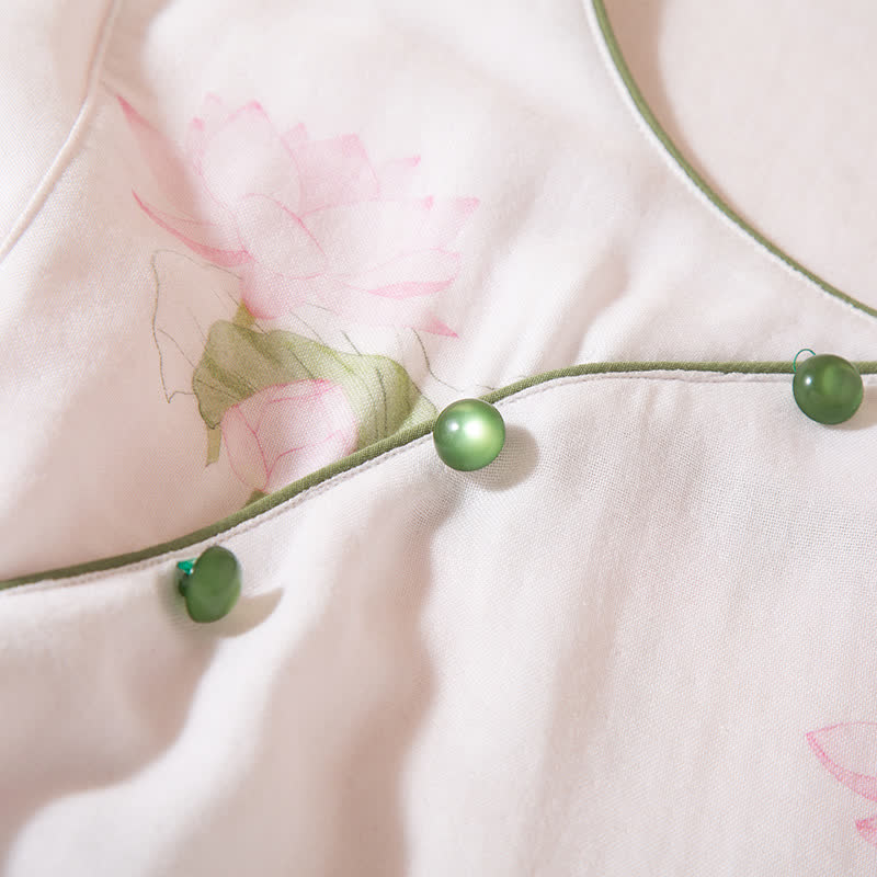 Rundhals-Pyjama-Set aus Bambusfaser mit Lotusmotiv