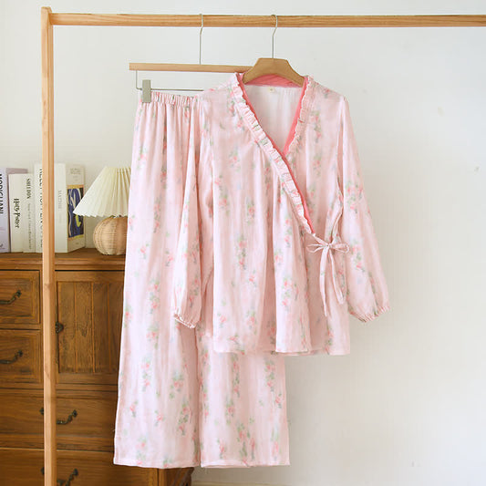 Rosa Pyjama-Set aus Bambusfaser mit Blumenmuster