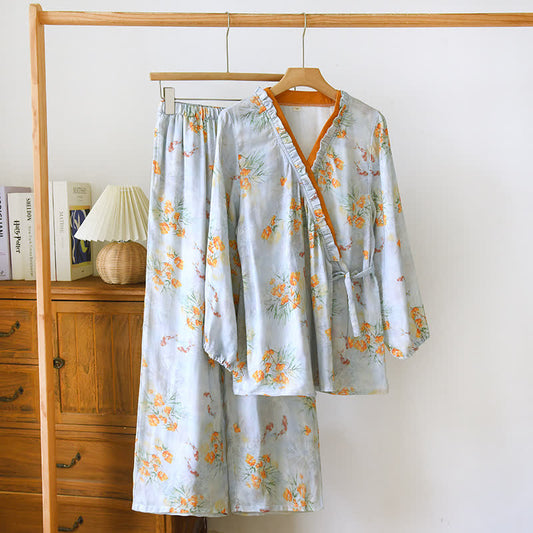 Blaues Pyjama-Set im Pastoralstil aus Bambusfaser