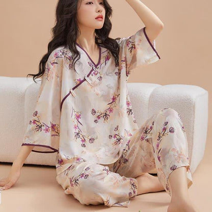 Loungewear-Set mit Knotenknöpfen und Pfirsichblütenmuster