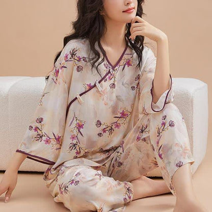 Loungewear-Set mit Knotenknöpfen und Pfirsichblütenmuster