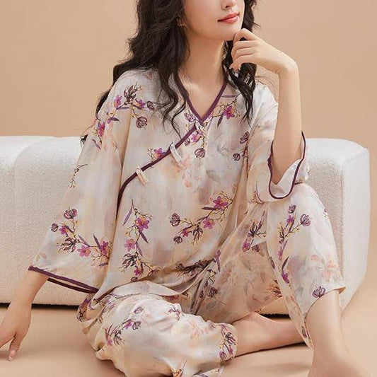 Loungewear-Set mit Knotenknöpfen und Pfirsichblütenmuster