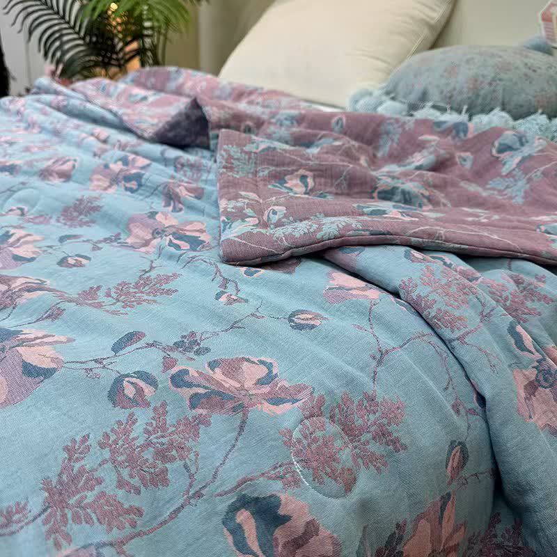 Elegante doppellagige Sommerdecke aus reiner Baumwolle mit Blumenmuster