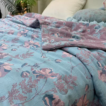 Elegante doppellagige Sommerdecke aus reiner Baumwolle mit Blumenmuster