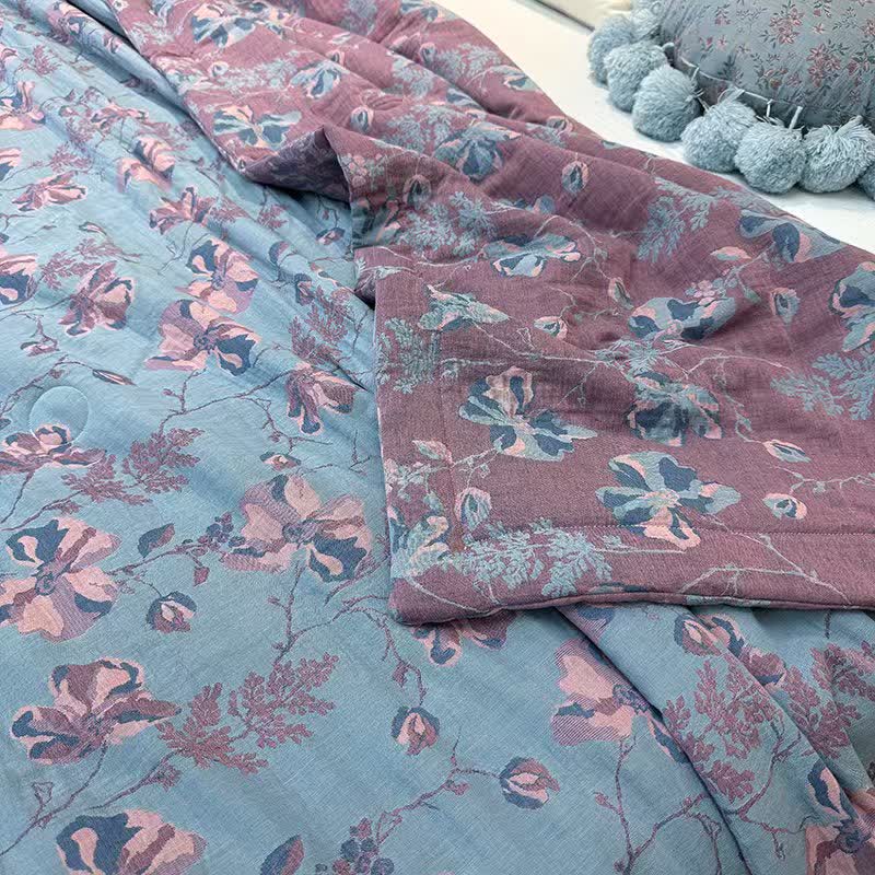 Elegante doppellagige Sommerdecke aus reiner Baumwolle mit Blumenmuster