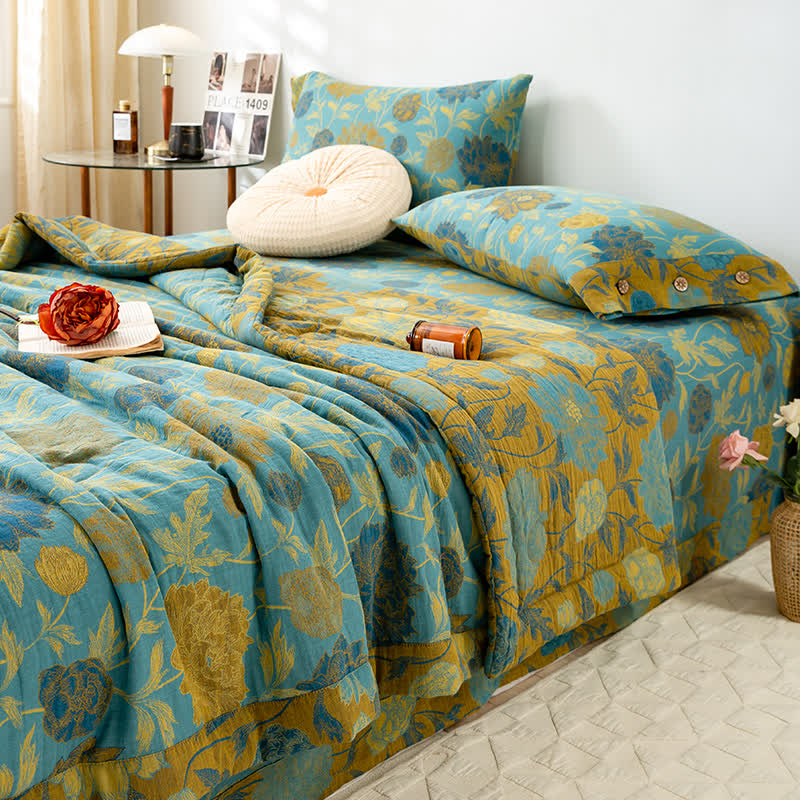 Luxuriöse doppellagige Sommersteppdecke aus Baumwolle mit Blumenmuster im Jacquard-Stil