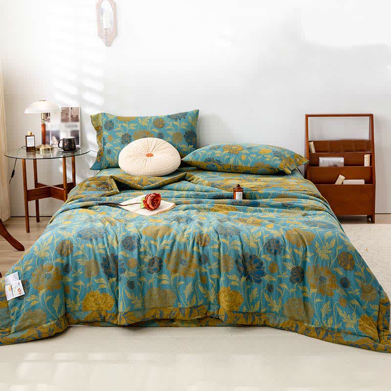 Luxuriöse doppellagige Sommersteppdecke aus Baumwolle mit Blumenmuster im Jacquard-Stil