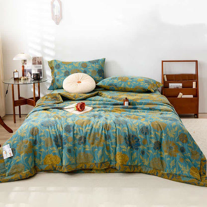 Luxuriöse doppellagige Sommersteppdecke aus Baumwolle mit Blumenmuster im Jacquard-Stil