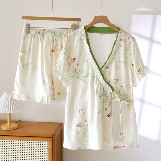 Kurzärmliges Pyjama-Set aus Baumwolle mit überkreuzten Trägern und Blumenmuster