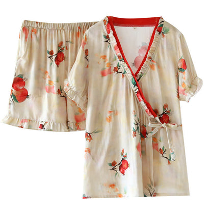 Kurzärmliges Pyjama-Set aus Baumwolle mit überkreuzten Trägern und Granatapfel-Print