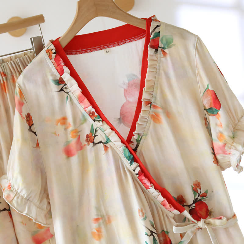 Kurzärmliges Pyjama-Set aus Baumwolle mit überkreuzten Trägern und Granatapfel-Print