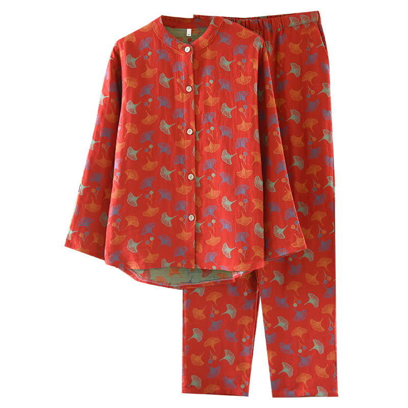 Ginkgoblatt-Baumwoll-Jacquard-Pyjama-Set im Vintage-Garn