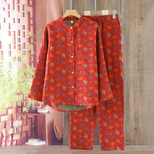 Ginkgoblatt-Baumwoll-Jacquard-Pyjama-Set im Vintage-Garn