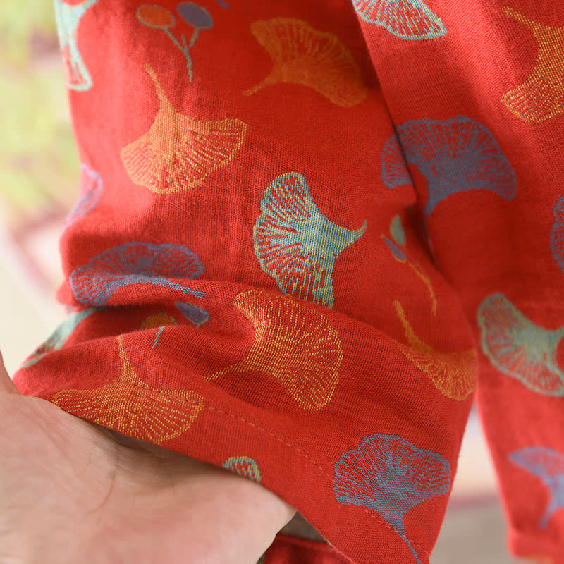 Ginkgoblatt-Baumwoll-Jacquard-Pyjama-Set im Vintage-Garn
