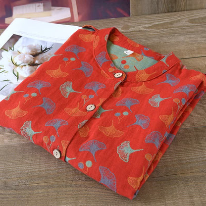 Ginkgoblatt-Baumwoll-Jacquard-Pyjama-Set im Vintage-Garn