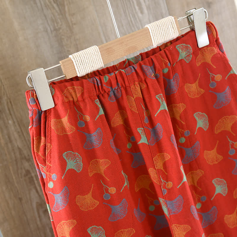 Ginkgoblatt-Baumwoll-Jacquard-Pyjama-Set im Vintage-Garn