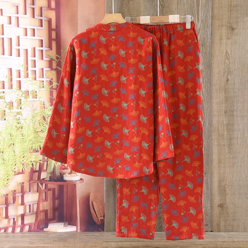 Ginkgoblatt-Baumwoll-Jacquard-Pyjama-Set im Vintage-Garn