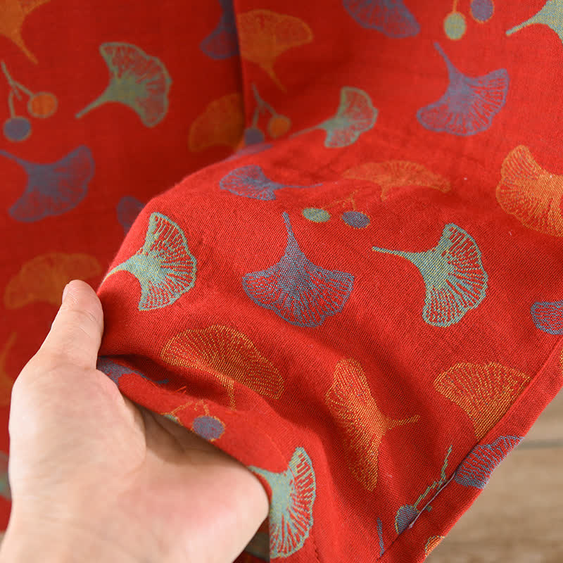 Ginkgoblatt-Baumwoll-Jacquard-Pyjama-Set im Vintage-Garn