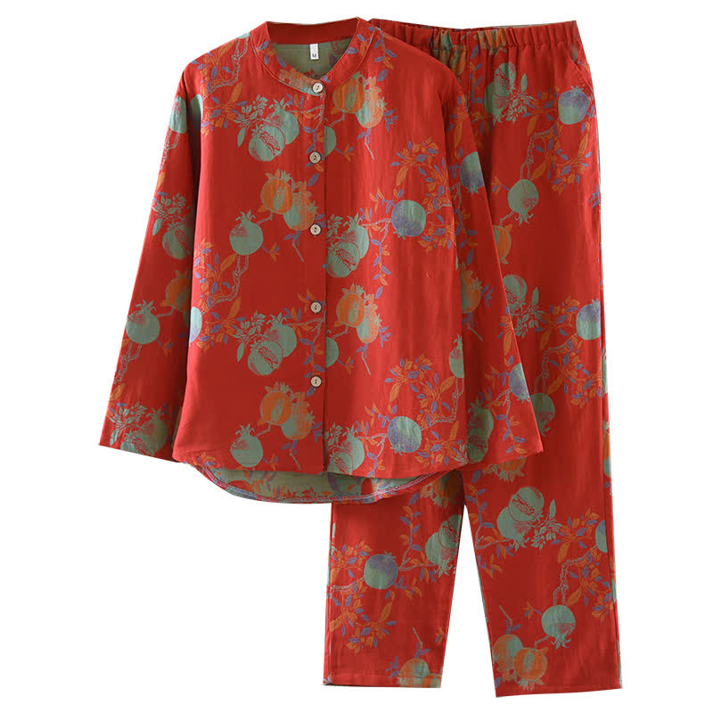 Granatapfelblüten-Pyjama-Set aus Baumwolljacquard im Vintage-Stil, garngefärbt