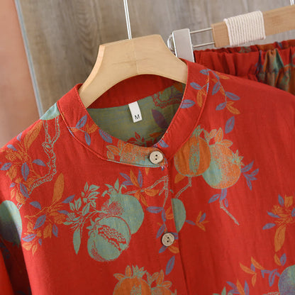 Granatapfelblüten-Pyjama-Set aus Baumwolljacquard im Vintage-Stil, garngefärbt