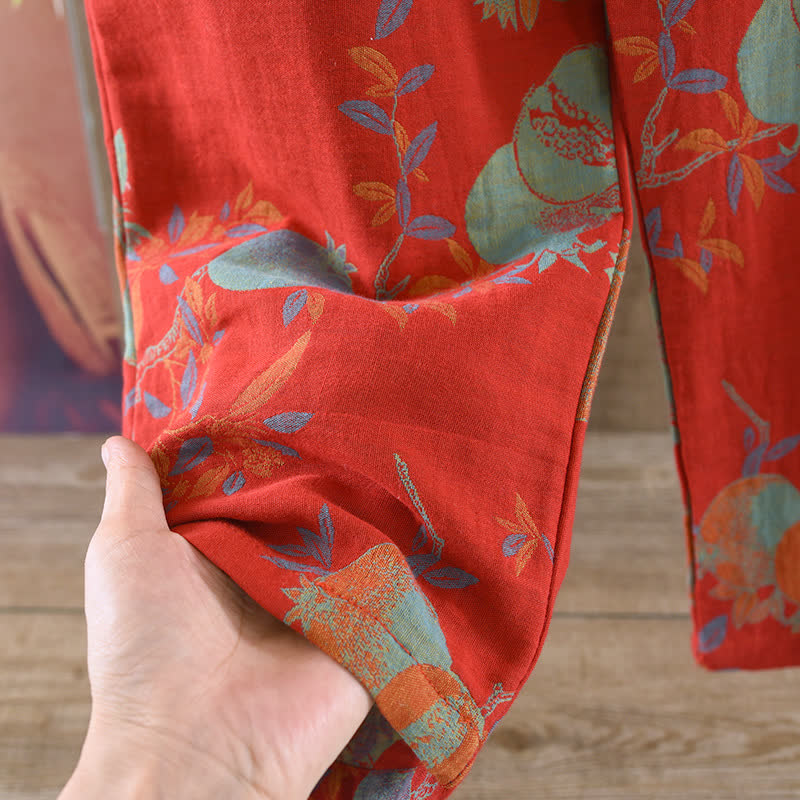 Granatapfelblüten-Pyjama-Set aus Baumwolljacquard im Vintage-Stil, garngefärbt