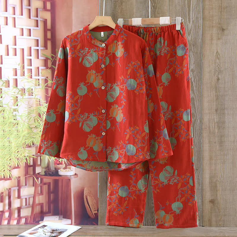 Granatapfelblüten-Pyjama-Set aus Baumwolljacquard im Vintage-Stil, garngefärbt