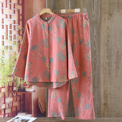 Granatapfelblüten-Pyjama-Set aus Baumwolljacquard im Vintage-Stil, garngefärbt