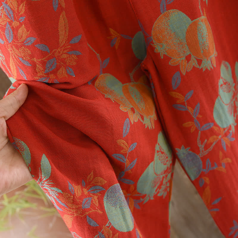 Granatapfelblüten-Pyjama-Set aus Baumwolljacquard im Vintage-Stil, garngefärbt