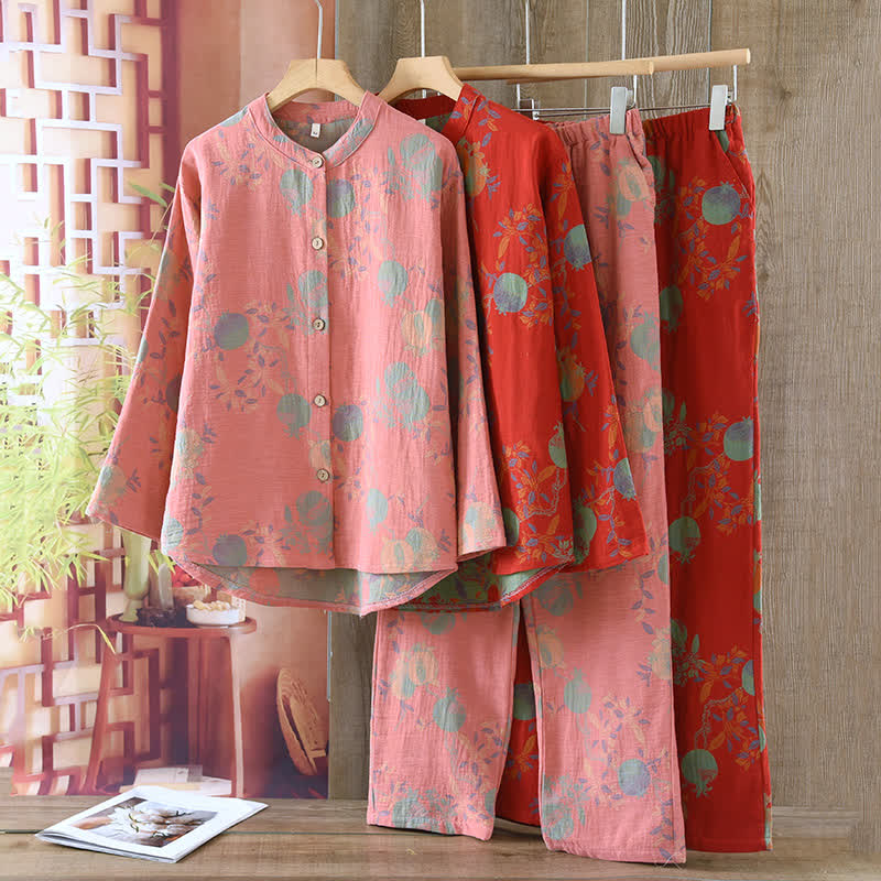 Granatapfelblüten-Pyjama-Set aus Baumwolljacquard im Vintage-Stil, garngefärbt